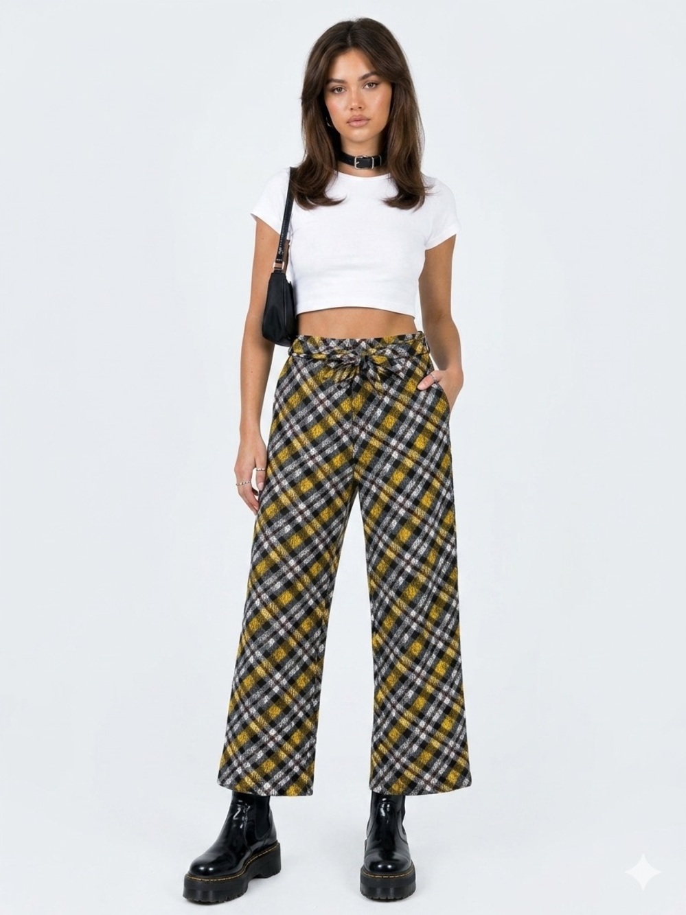 Rouge Collection Yellow Plaid Tie Waist Pants Clueless Vibes Cozy Knit 1X